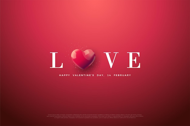 バレンタインデーの文字oの愛という言葉が赤いハートの風船に置き換えられました。