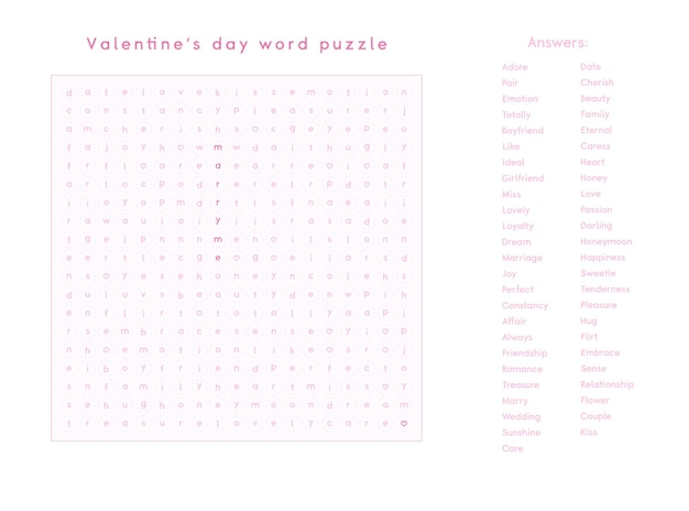 Valentine's day word puzzle crossword find the listed words about love in the brain work puzzle attentiveness test riddle game in English words are located forward and down