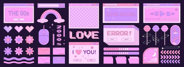 Valentine's Day Y2K set of retro objects design elements stickers computer desktop windows