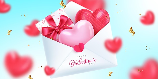 Valentine's envelope vector background design. Happy valentine's day greeting text with gift box.