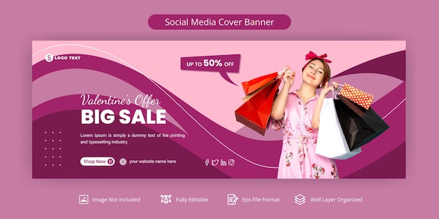 Vettore modello di banner per la copertina di facebook dei social media per la vendita di moda di san valentino