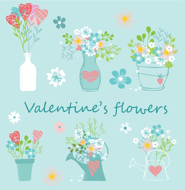 バレンタインの花の手描きセット。バレンタインの日、ステッカー、誕生日に最適、日付の招待状を保存します。