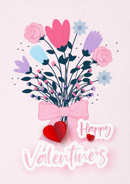 Valentine's greeting card flowers bouquet with red heart and Valentine's wording in flat and paper cut style on pink background.