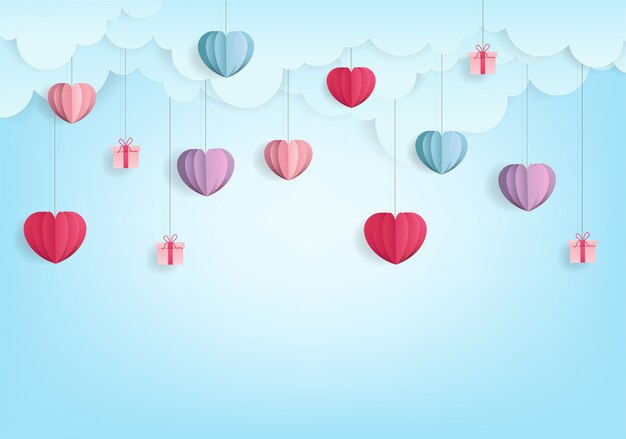 Valentine's Hearts balloon paper cut style abstract on Blue