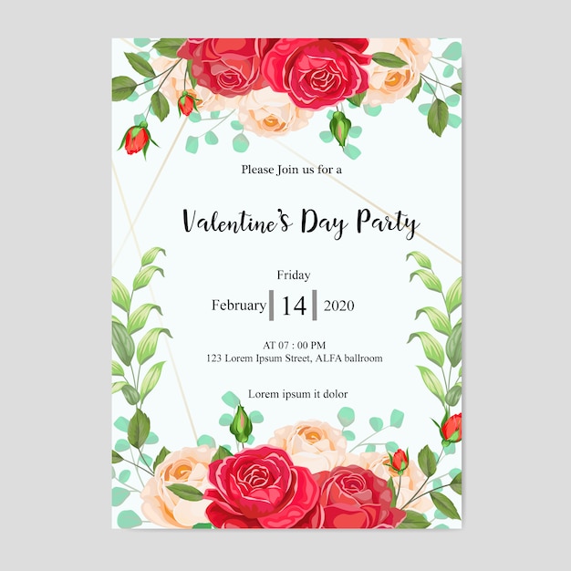 Vector valentine's party invitation card with beautiful flowers