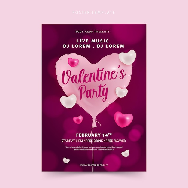 Шаблон плаката для вечеринки на день святого валентина с воздушным шаром в форме сердца