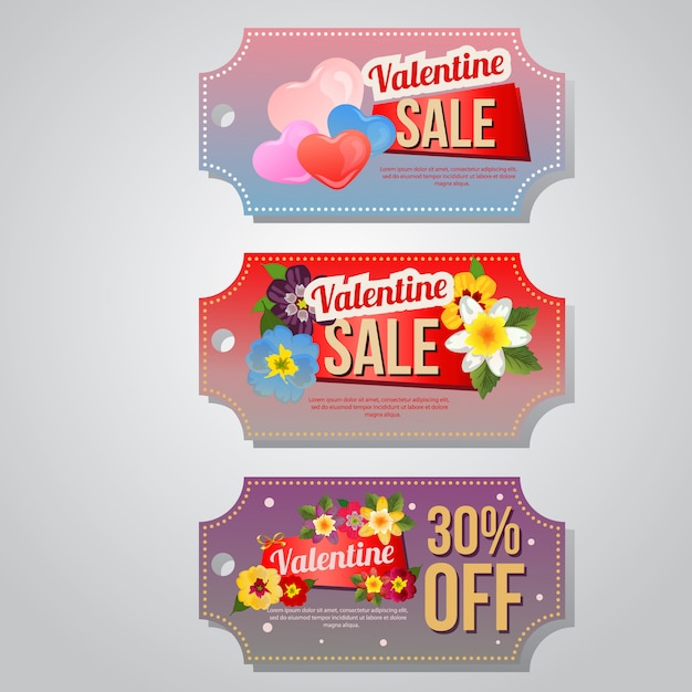 Valentine sale coupon template set with flower