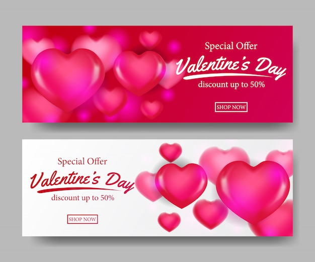 Vettore banner di offerta di vendita di san valentino con palloncino cuore 3d