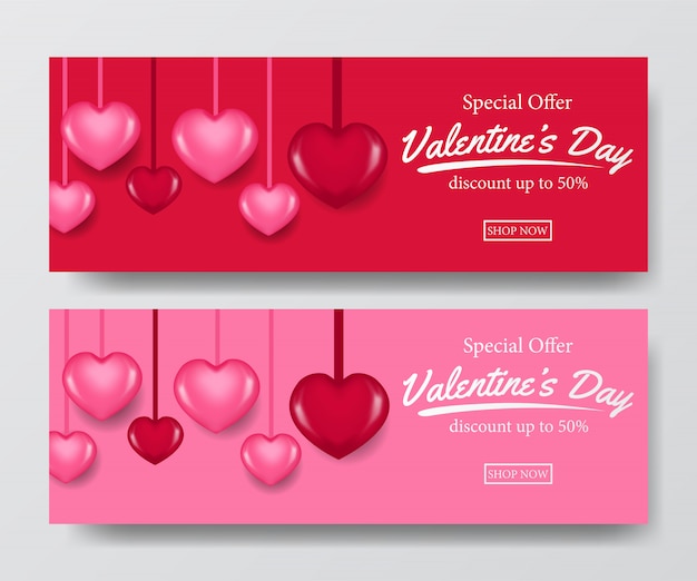 Vector valentine sale offer banner with 3d hearth balloon