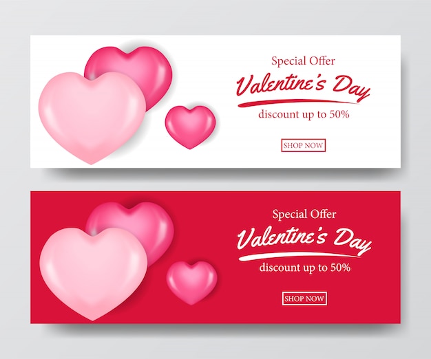 Banner di offerta di vendita di san valentino con palloncino cuore 3d