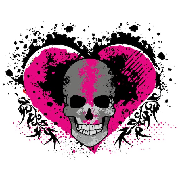 Vector valentine skull with heart, grunge vintage design t shirts