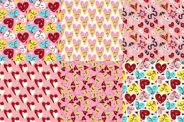 Vector valentine39s collection of bright and cool seamless patterns pattern with cool quirky playful bright hearts and characters