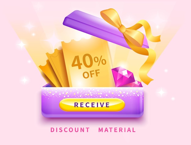 Vector valentine39s day promo banner met gouden kortingsrol lint paarse geschenkdoos en rode diamant