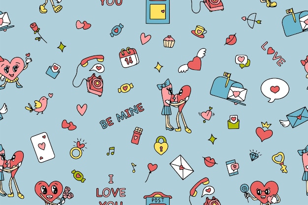 런타인 데이의 무질서한 패턴과 그루비 스타일의 요소 70년대 80년대 레트로 스타일의 터 패턴 귀여운 심장 캐릭터 터 일러스트레이션