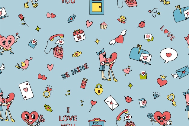 Valentine39s day seamless pattern with groovy style elements vector pattern in retro style of the 70s 80s cute heart characters vector illustration