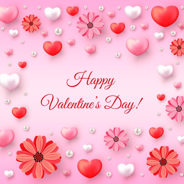 Valentineâs Day greeting card with red and pink hearts, flowers, pearls