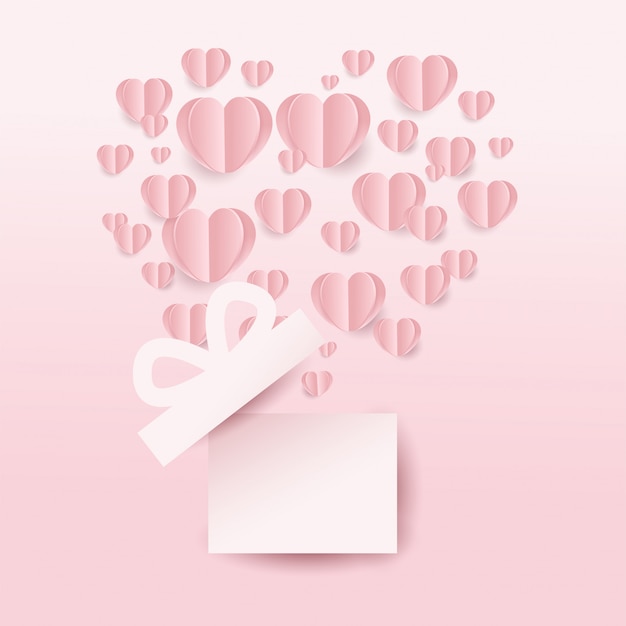 Valentineâs gift box and hearts flying, heart shape on pink background. paper cut style. vector illustration