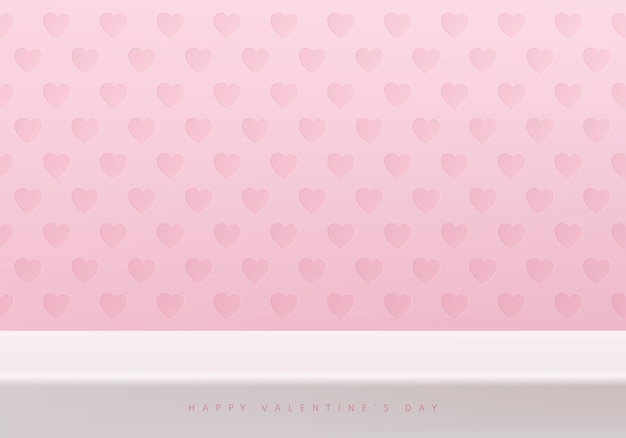 パステル ピンクのハート パターンの壁シーンとバレンタイン 3 d 背景白いスタンド表彰台またはデスク テーブル