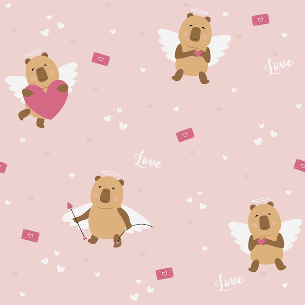 Valentines background with arrows hearts love and capybara Seamless pattern with holiday design elements Happy Valentines Day Lovely animal