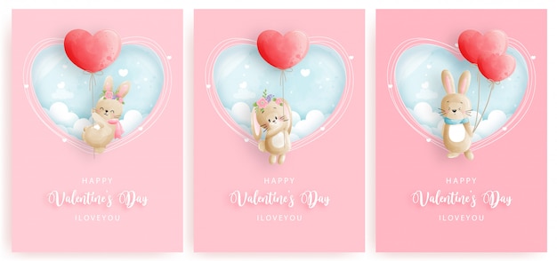 발렌타인 데이 카드 귀여운 토끼와 하트 풍선으로 설정합니다.
