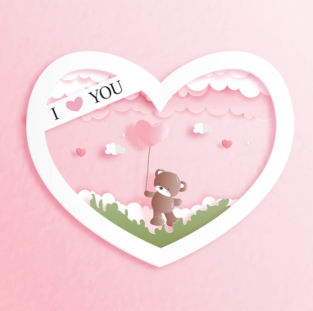 Valentines card with cute teddy bear in paper cut style illustration.