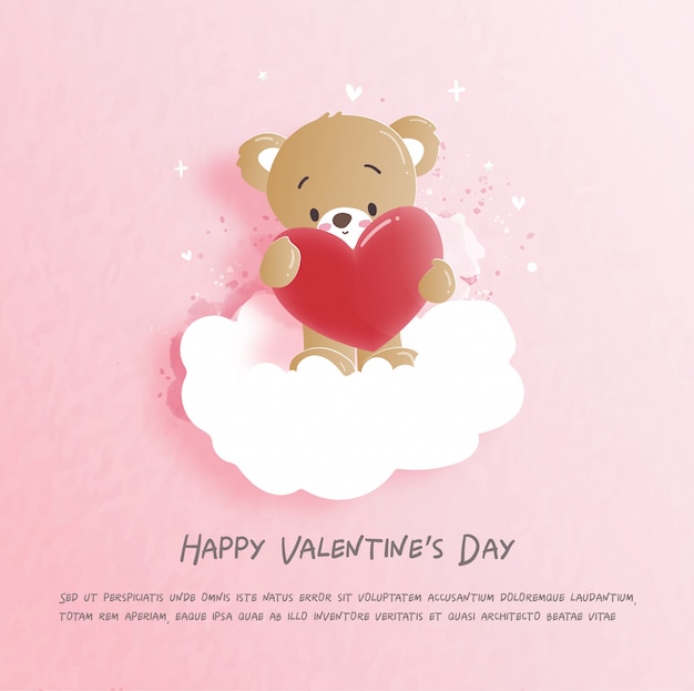 I biglietti di s. valentino cardano con l'orsacchiotto sveglio nell'illustrazione di stile del taglio della carta.