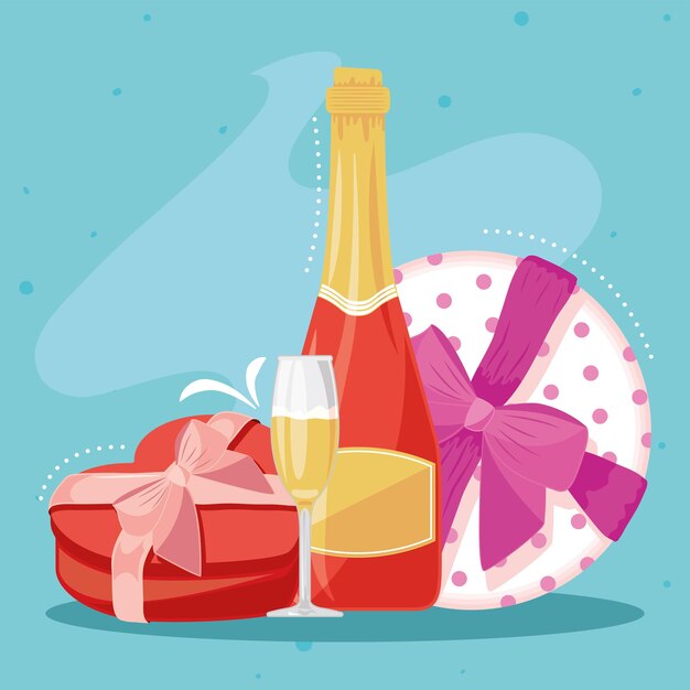 Vector valentines champagne with gifts