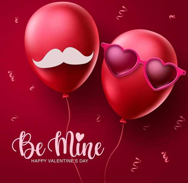 Valentines couple balloons vector concept design happy valentines be mine text