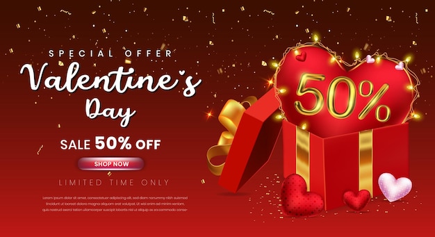 День святого Валентина скидка 50% на продажу шаблона с подарочной коробкой и трехмерным номером