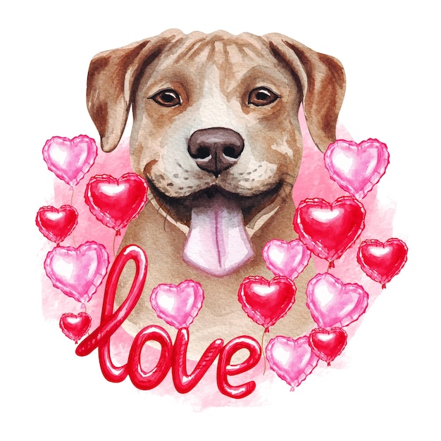 Vettore san valentino american pit bull terrier con amore e cuori. illustrazione sveglia del cucciolo dell'amante del cane.