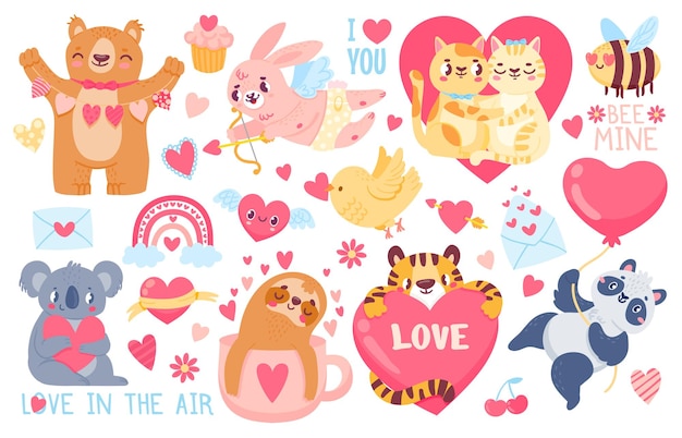 Valentines day animals. Cupid bunny, pet cats love couple hug, tiger, koala and panda with hearts. Happy valentines cute sticker vector set. Illustration love cute cat and panda, sloth and tiger