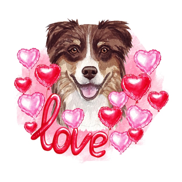 Vector valentines day australian shepherd dog with hearts and love. watercolor illustration.