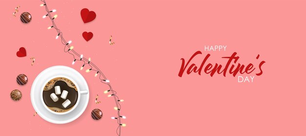 Vettore sfondo di san valentino, carta d'amore, banner romantico, caffè, cioccolato, sfondo d'amore