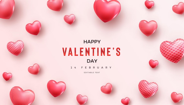 Valentines day background with greeting illustration surrounded by 3d heart balloons