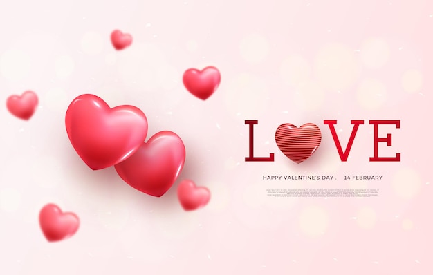 Valentines day background with greeting illustration with 3d heart balloons