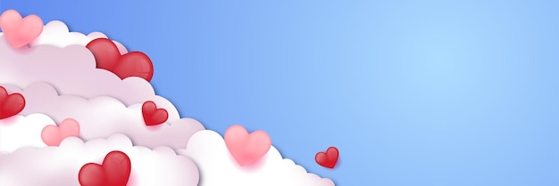 Sfondo di san valentino con palloncini a forma di cuore su sfondo blu banner. illustrazione vettoriale, banner, carta da parati, volantini, invito, poster, brochure, buono sconto.