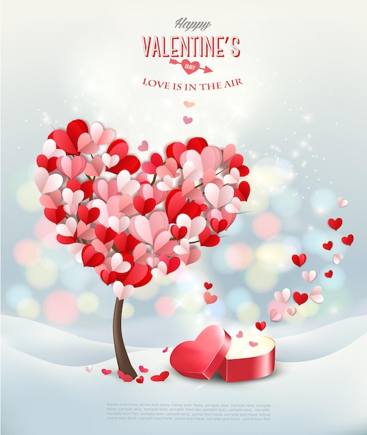 Vector valentines day background with heart shaped tree and open red heart shaped gift box vector