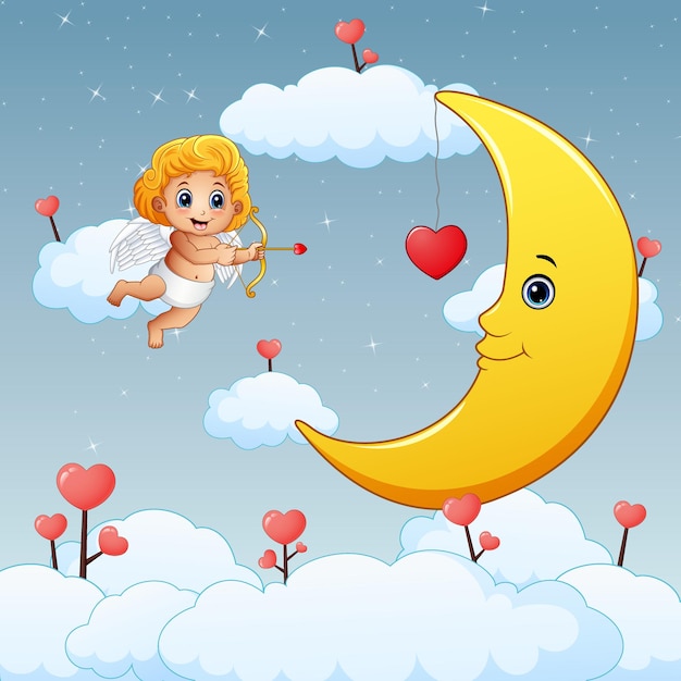 Valentines day background with little cupid and a moon
