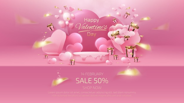 Valentines day background with realistic 3d pink shelf and gift box elements and heart shape