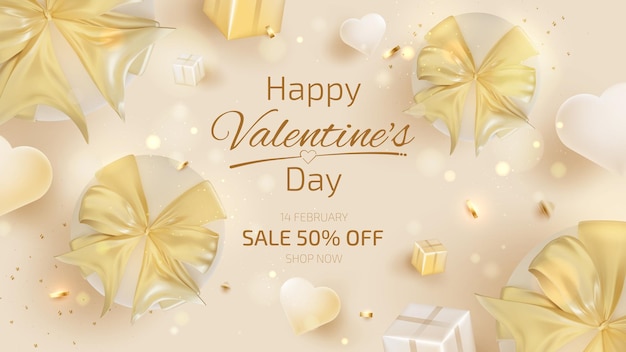 Valentines day background with realistic heart shaped and gift box elements 3d luxury style