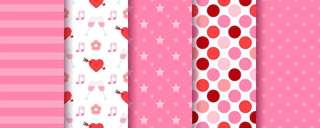 Vector valentines day backgrounds seamless pattern textures with hearts stripes circles pink red prints