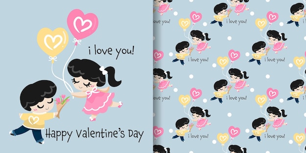 Valentines Day banner and seamless pattern of cute couple in happy moment with flowers and balloons