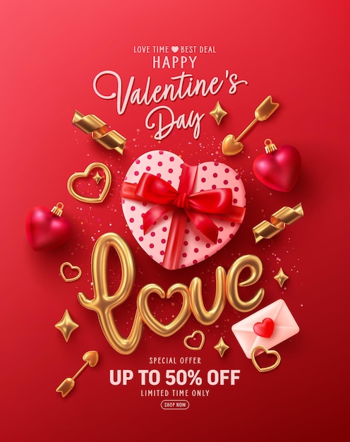 Vettore modello di banner di san valentino con scatola regalo a forma di cuore e testo dorato love