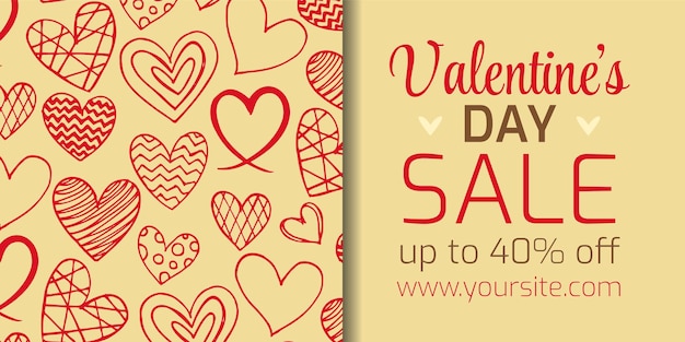 Valentines day Banner with pattern of Hand drawn hearts for announce valentines day sale