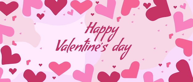 valentines day banner with pink and red hearts and handwritten text on light pink background