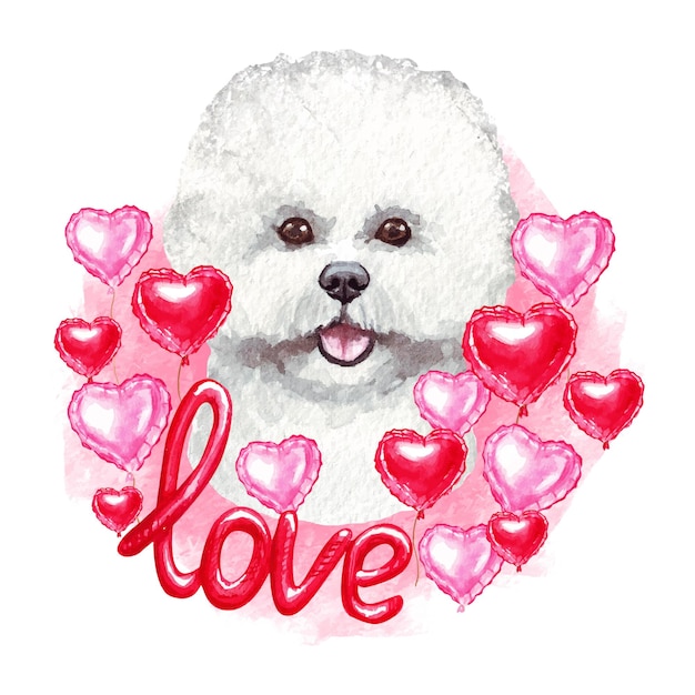 San valentino bichon frise cane con amore e cuori. illustrazione sveglia del cucciolo dell'amante del cane.