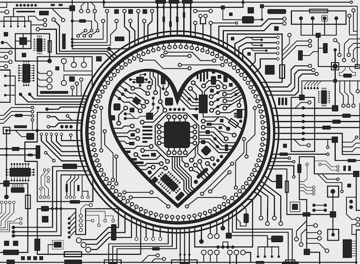 Vector valentines day black and white background. abstract technology heart. it love symbol. vector illustration.