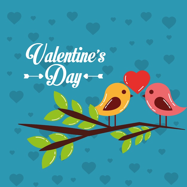 Valentines day card couple birds heart in branch tree