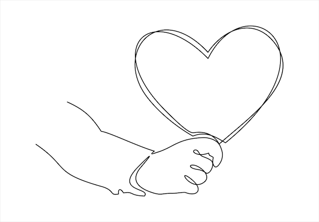 valentines day card, hand holding heart.Continuous one line drawing.