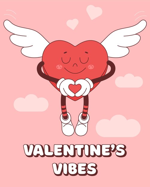 벡터 트렌디한 60년대 70년대 만화 스타일의 발렌타인 데이 카드 레트로 그루비 귀여운 심장 캐릭터 바람